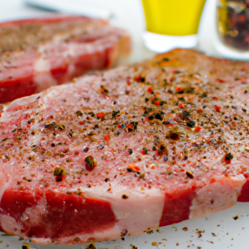 A raw steak seasoned with salt, pepper, and olive oil ready for cooking